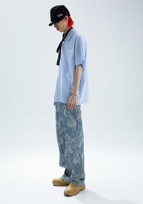 SFTTR 2021SS 泡泡纱廓形休闲蓝白条纹造型男女宽松短袖衬衫