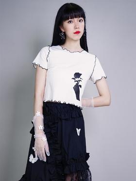 fragileheart修身短袖白t恤 玫瑰印花BM风针织百搭薄款内搭上衣潮