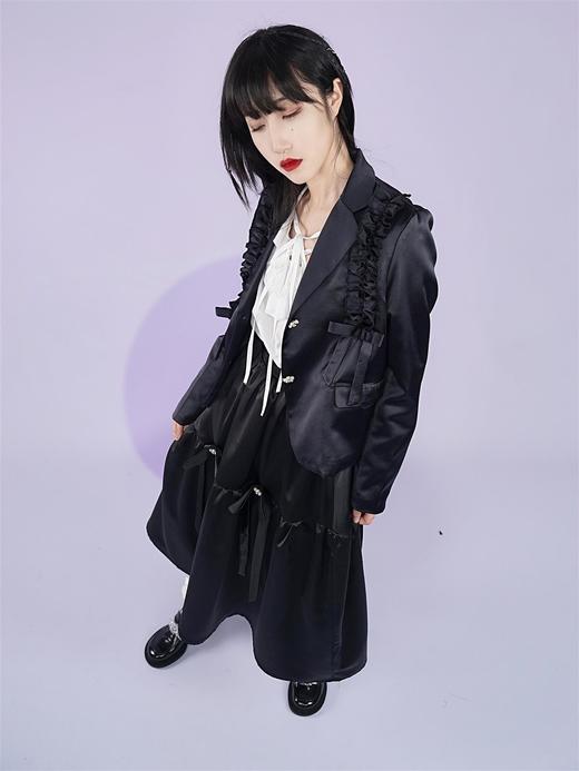 fragileheart易碎商店缎面蝴蝶结黑色立体感小众西装春款短外套女 商品图1
