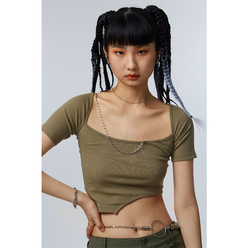 HOLONOMIC 原创方领链条修身短款不规则甜酷辣妹短袖T恤上衣