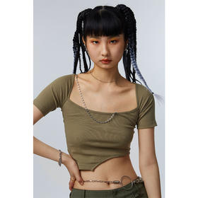 HOLONOMIC 原创方领链条修身短款不规则甜酷辣妹短袖T恤上衣