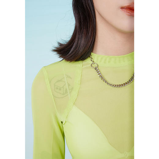 HOLONOMIC 透色弹力短款网纱透视修身短袖打底衫 商品图3