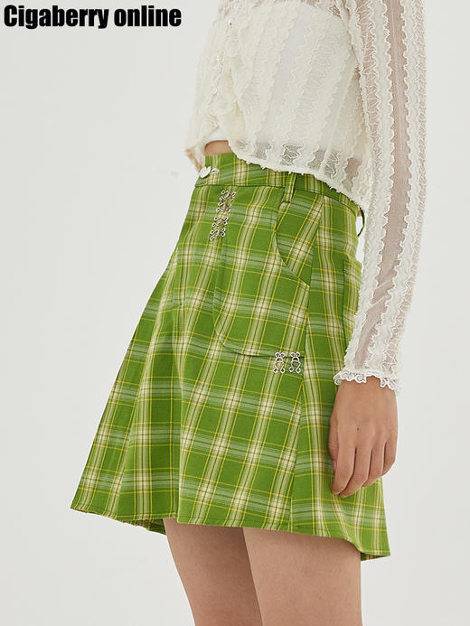 Cigaberry2021春夏不规则设计感绿格百褶半裙百搭夏日清凉少女感 商品图2