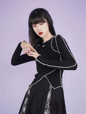 fragileheart易碎商店黑白针织拼接打底衫修身圆领长袖春季T恤女