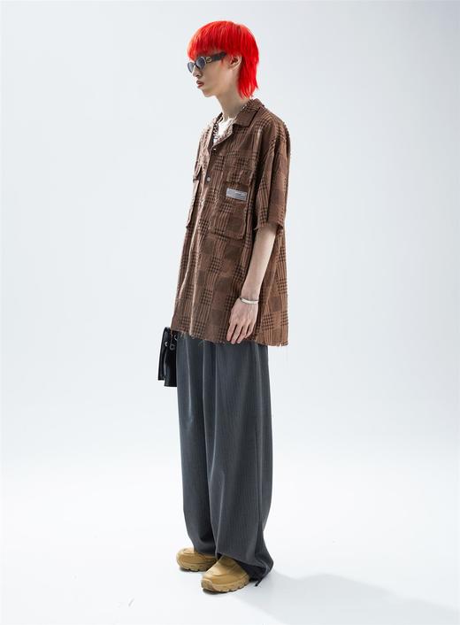 SFTTR 2021大面积破坏格纹拼接不规则毛边解构廓形男女不锁边衬衫 商品图0