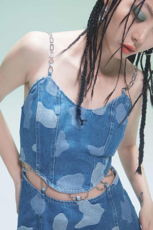 EhK 牛仔女孩 奶牛纹 可拆卸两穿链条牛仔 出游连衣裙2021新款夏 商品图2