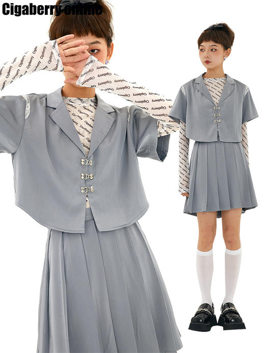 Cigaberry高级灰色缎面拼蕾丝短款西装领衬衫百搭Y2K风格甜酷少女 商品图0