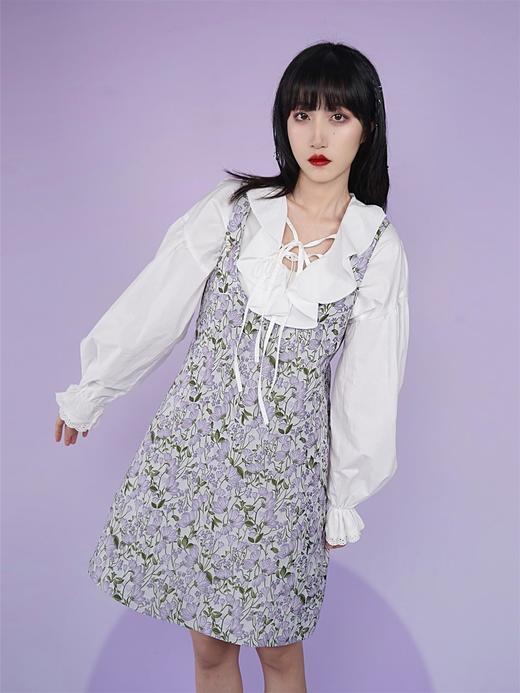 fragileheart易碎商店春季紫色碎花背带高腰中长裙无袖连衣裙女 商品图1