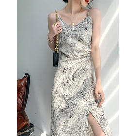 【唯美水墨风】法式印花吊带连衣裙 收腰显瘦 凸显气质 侧开叉