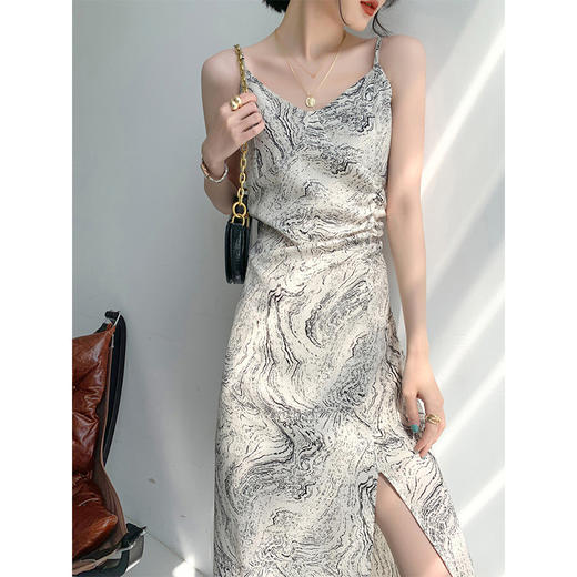【唯美水墨风】法式印花吊带连衣裙 收腰显瘦 凸显气质 侧开叉 商品图0