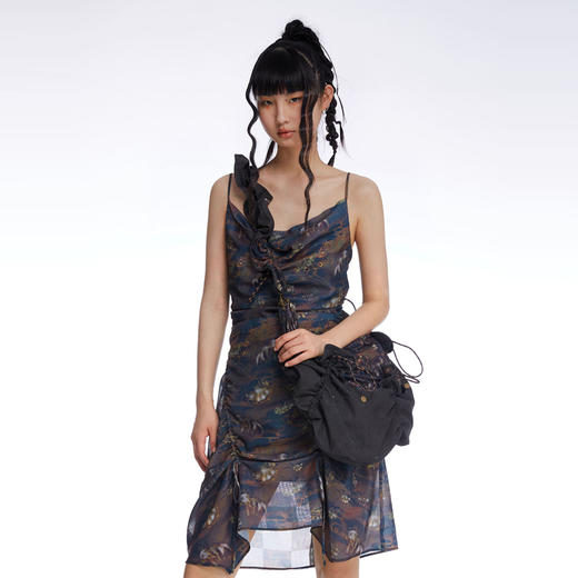 HOLONOMIC「第八大陆」原创印花设计感小众修身抽褶吊带连衣裙 商品图2