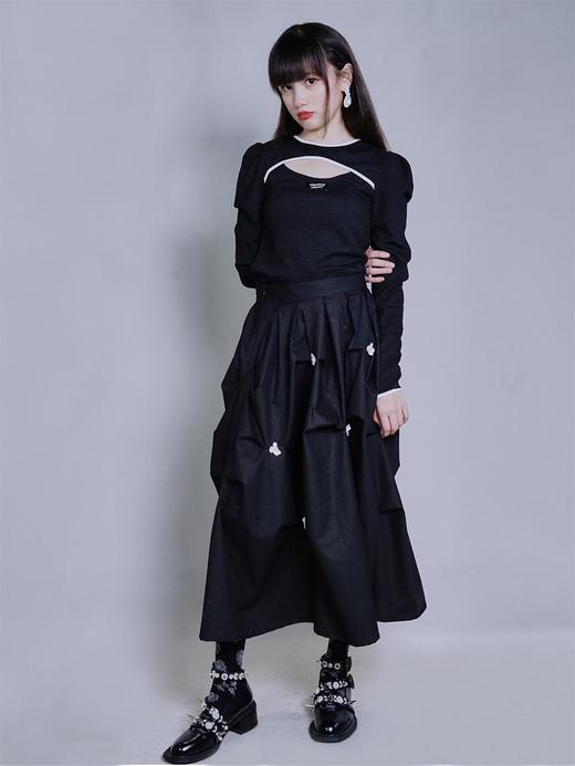 fragileheart 易碎商店镂空拼接长袖t恤黑白风打底衫女泡泡袖上衣 商品图2