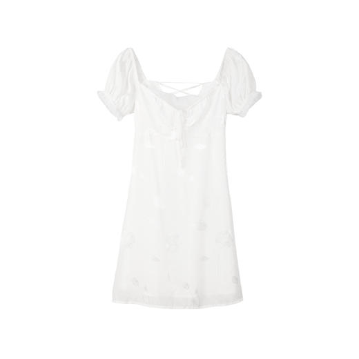 EhK 2021春夏复古白色玫瑰绣花缎面光泽多穿法泡泡袖连衣裙女 商品图4