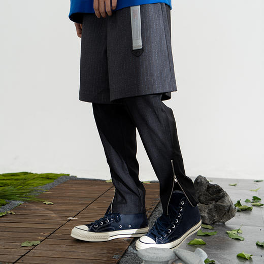 WHISTLEHUNTER 潮牌复古立体拼接假两件条纹西裤 休闲拉链锥形裤 商品图3