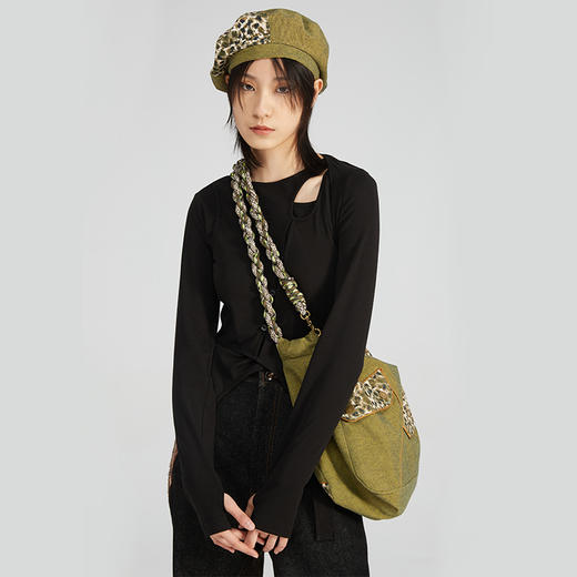 HOLONOMIC 原创设计豹纹蕾丝拼接牛仔斜挎单肩包 商品图1