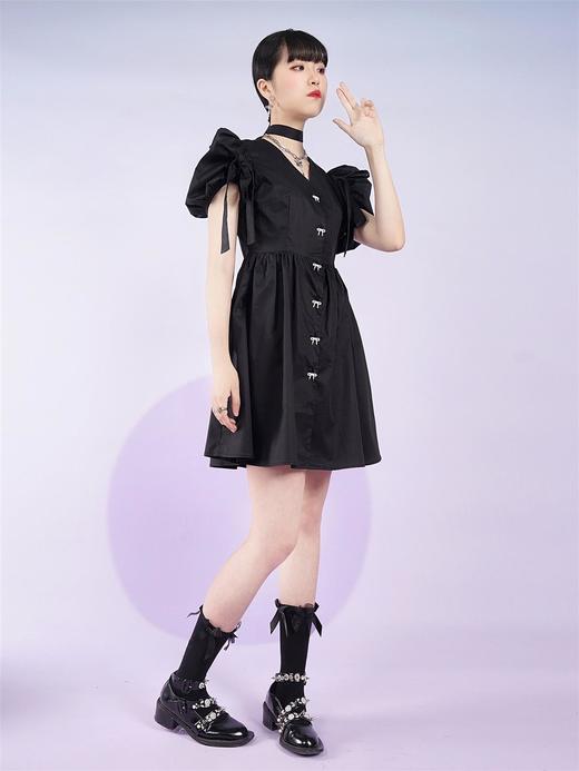 fragileheart易碎商店夏季原创V领短袖中长款黑色蝴蝶结连衣裙女 商品图1