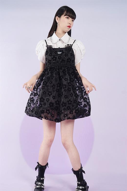 fragileheart易碎商店2021夏季新款网纱花花吊带裙短款黑色连衣裙 商品图1