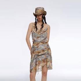 HOLONOMIC「第八大陆」原创印花设计感小众修身抽褶吊带连衣裙