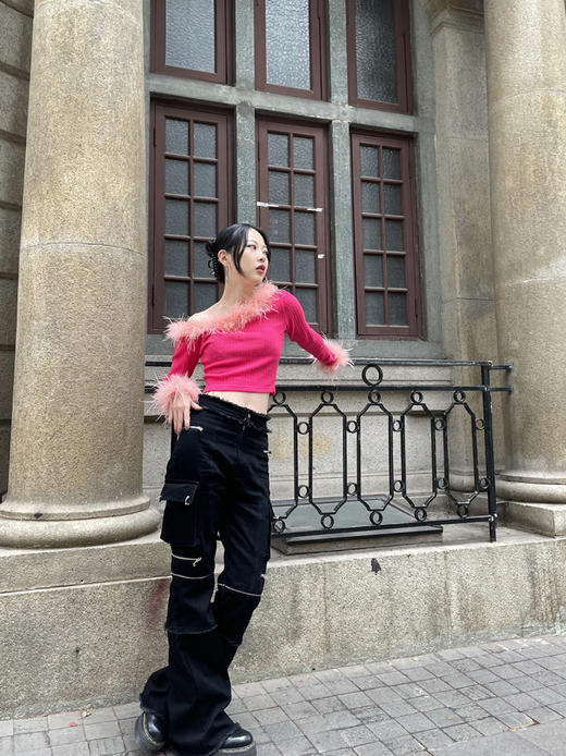 EhK 约会满分 桃色高级灰真毛针织长袖毛衣上衣短款 2021春款 商品图2