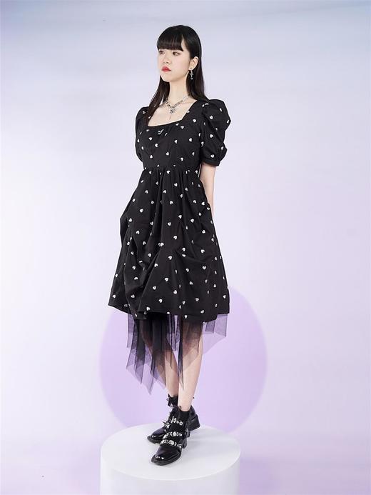 fragileheart易碎商店2021夏季新款方领爱心中长款网纱短袖连衣裙 商品图1