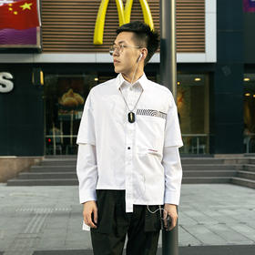 WHISTLEHUNTER秋冬男女潮牌解构拼接刺绣落肩宽松白衬衫OVERSIZE