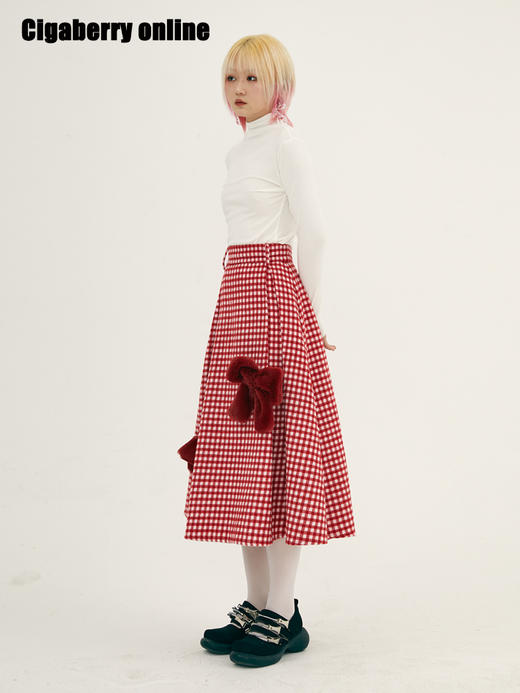 冬季圣诞节春节复古紅色格子毛呢松紧半裙 立体毛绒蝴蝶结可拆卸 商品图2