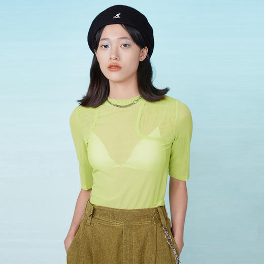 HOLONOMIC 透色弹力短款网纱透视修身短袖打底衫 商品图1