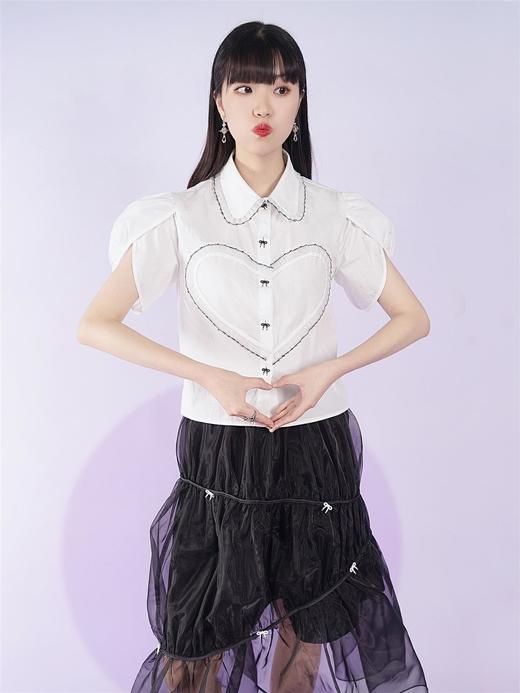 fragileheart易碎商店夏季原创设计小众爱心花边白色短袖衬衫女 商品图1