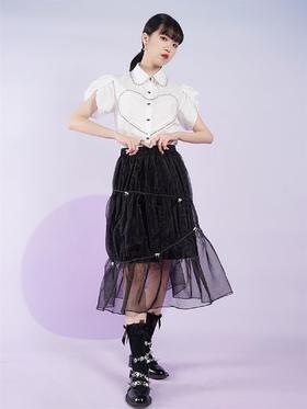 fragileheart易碎商店夏季原创设计小众爱心花边白色短袖衬衫女