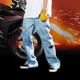 WHISTLEHUNTER(WSTHT)不对称剪裁扎染牛仔裤百搭水洗蓝色微喇叭裤