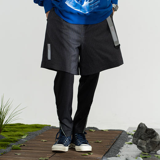 WHISTLEHUNTER 潮牌复古立体拼接假两件条纹西裤 休闲拉链锥形裤 商品图1