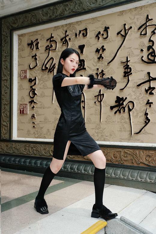 EhK 中式旗袍 吊钻装饰收腰泡泡袖少女复古连衣裙 商品图2