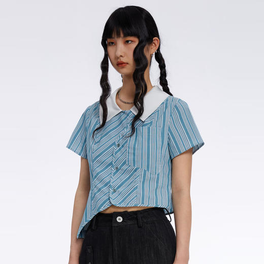 HOLONOMIC 原创不规则短款设计感小众条纹翻领衬衫 商品图1