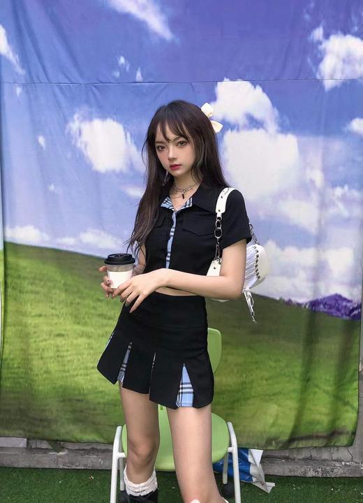 MATEMATE原创设计制服纯欲甜酷蓝黑格子拼接百褶裙套装 商品图1