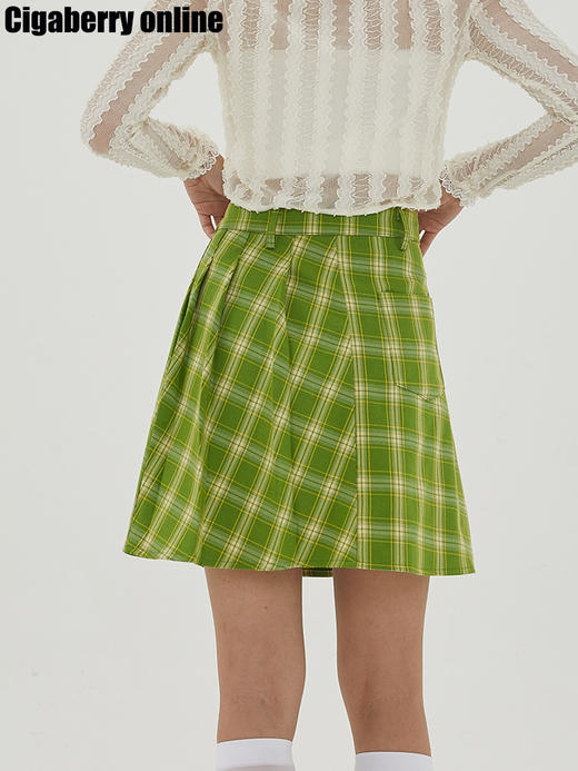 Cigaberry2021春夏不规则设计感绿格百褶半裙百搭夏日清凉少女感 商品图3