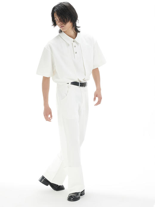 TERRAINCOGNITA21SS全白刺绣双层裤脚休闲裤金属立体标直筒西裤 商品图1