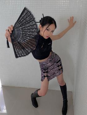 MATEMATE原创战斗改良旗袍黑蕾丝甜酷短上衣