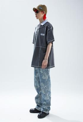 SFTTR 2021SS定制织线竖纹洗水牛仔裤喇叭不规则纹理宽松男女长裤