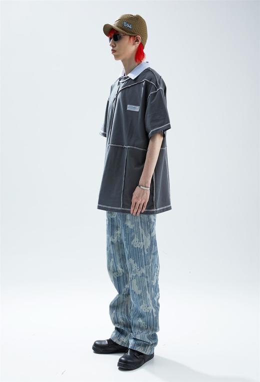 SFTTR 2021SS定制织线竖纹洗水牛仔裤喇叭不规则纹理宽松男女长裤 商品图0