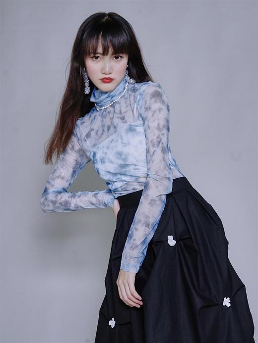 fragileheart蓝色扎染打底衫女春堆堆高领修身显瘦上衣蕾丝内搭新 商品图0