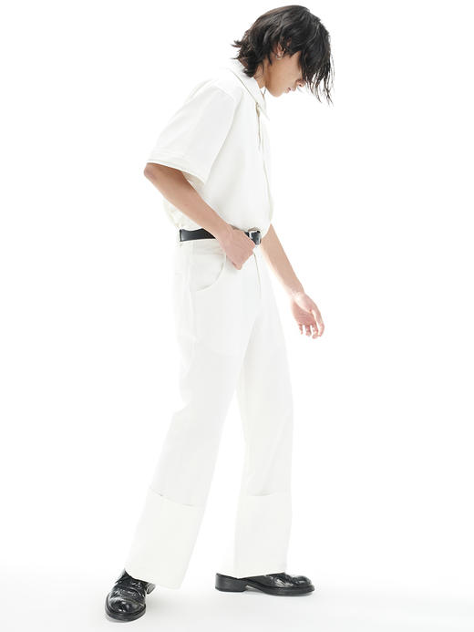 TERRAINCOGNITA21SS全白刺绣双层裤脚休闲裤金属立体标直筒西裤 商品图3