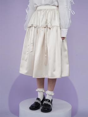 fragileheart易碎商店黑色缎面中长款公主裙半身裙米色花苞裙女