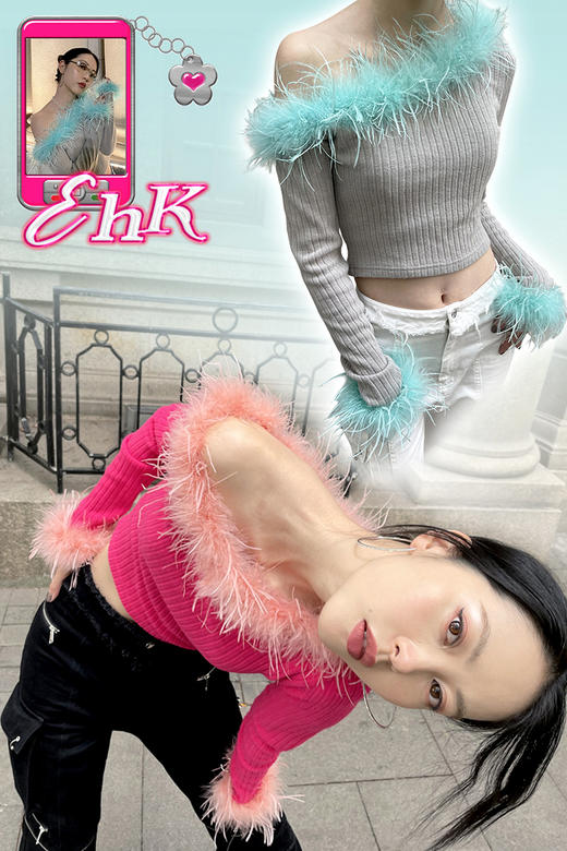 EhK 约会满分 桃色高级灰真毛针织长袖毛衣上衣短款 2021春款 商品图0