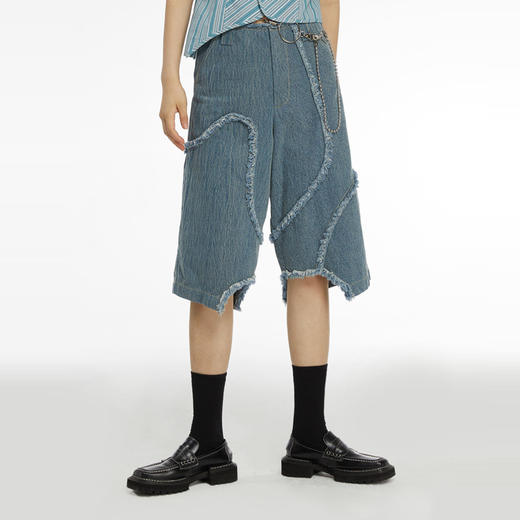 HOLONOMIC 原创不规则毛边分割宽松阔腿设计感小众牛仔五分短裤 商品图1