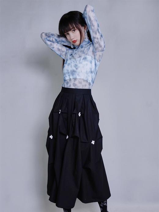 fragileheart易碎商店 黑色小花半身裙女秋2021新款褶皱长款裙子 商品图1