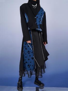 fragileheart易碎商店 蓝色蝴蝶拼接西装外套女设计感小众半身裙