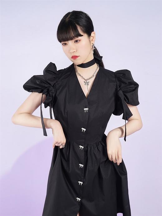 fragileheart易碎商店夏季原创V领短袖中长款黑色蝴蝶结连衣裙女 商品图0