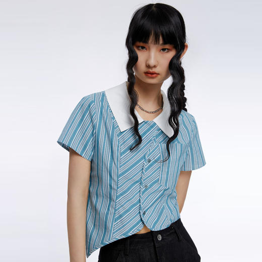 HOLONOMIC 原创不规则短款设计感小众条纹翻领衬衫 商品图0