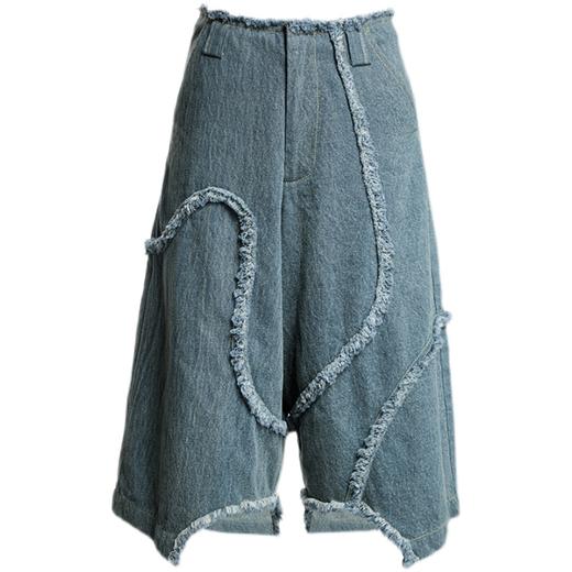 HOLONOMIC 原创不规则毛边分割宽松阔腿设计感小众牛仔五分短裤 商品图4