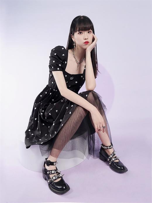 fragileheart易碎商店2021夏季新款方领爱心中长款网纱短袖连衣裙 商品图2